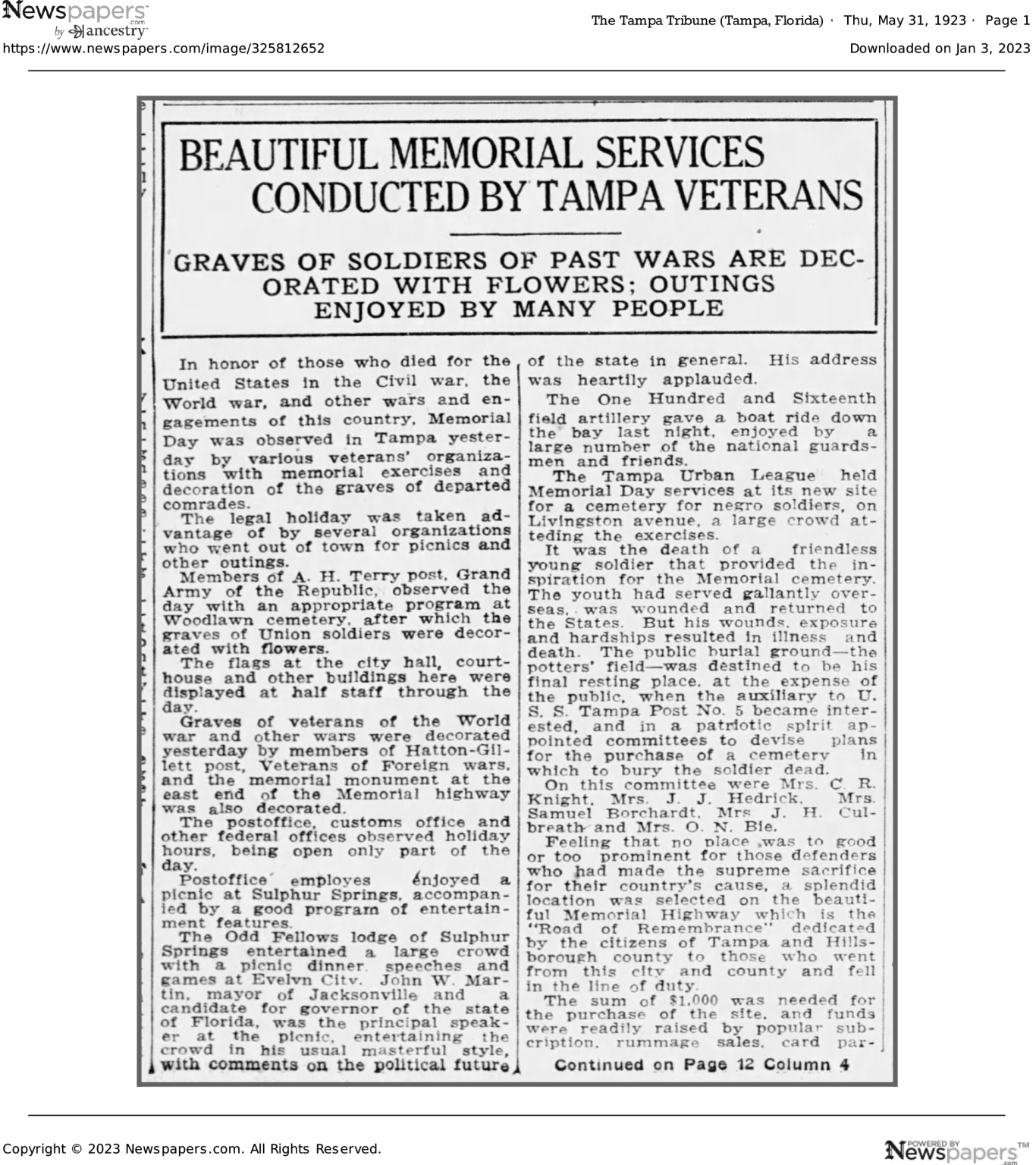 100th Anniversary Commemoration for Memorial dedicated to Florida Negro